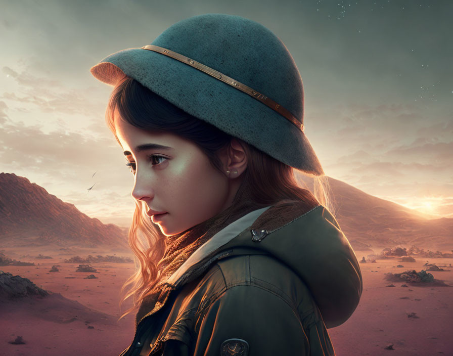 Young woman in vintage military outfit gazing at desert sunset