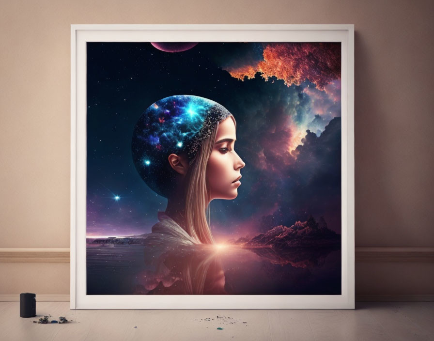 Framed Digital Art: Woman's Side-Profile with Cosmic Head in Interstellar Landscape