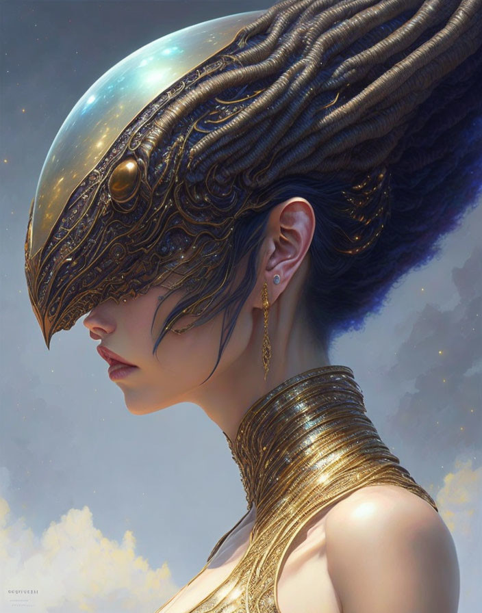 Woman in Ornate Helmet and Gold Armor Against Cloudy Sky