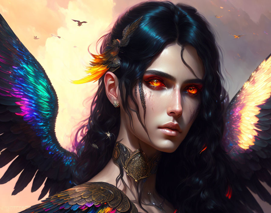 Digital artwork: Person with black feathered wings, red eyes, and feathered hair against warm sky
