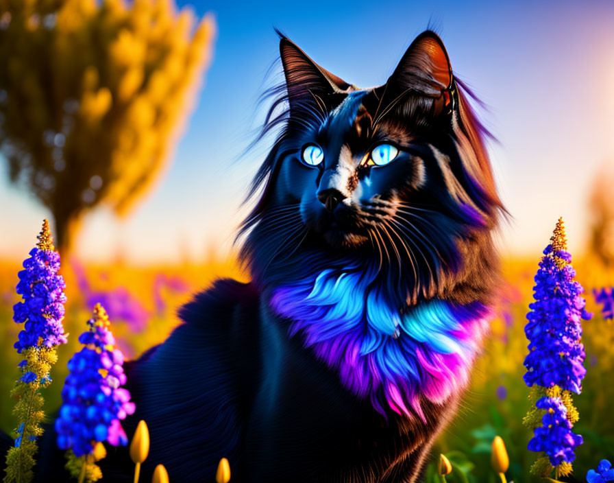 Colorful Illustration: Majestic Black Cat in Purple Flower Field at Sunset