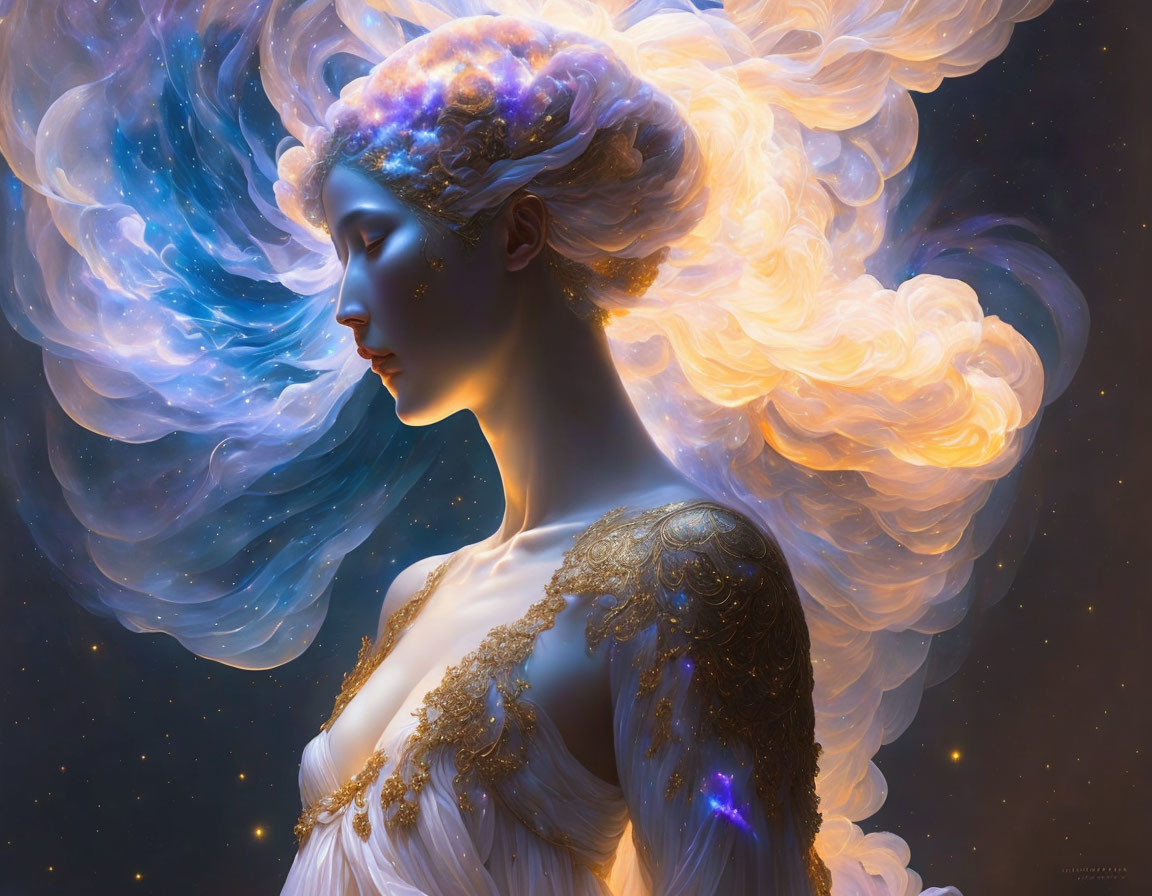 Blue-skinned woman with cosmic hair and starlit gown.