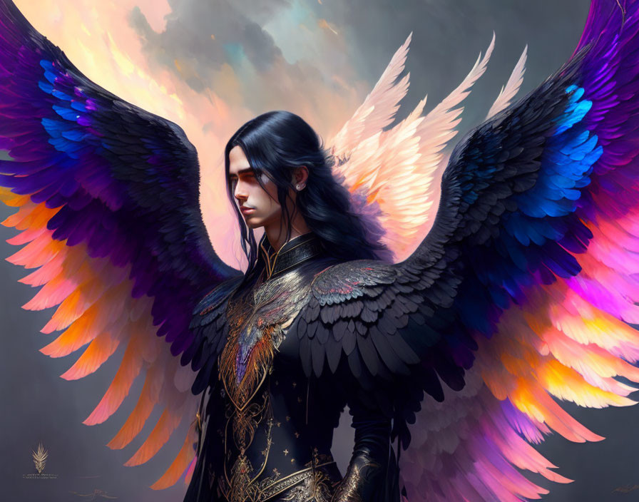 Fantasy illustration: person with long dark hair and multicolored wings in moody sky
