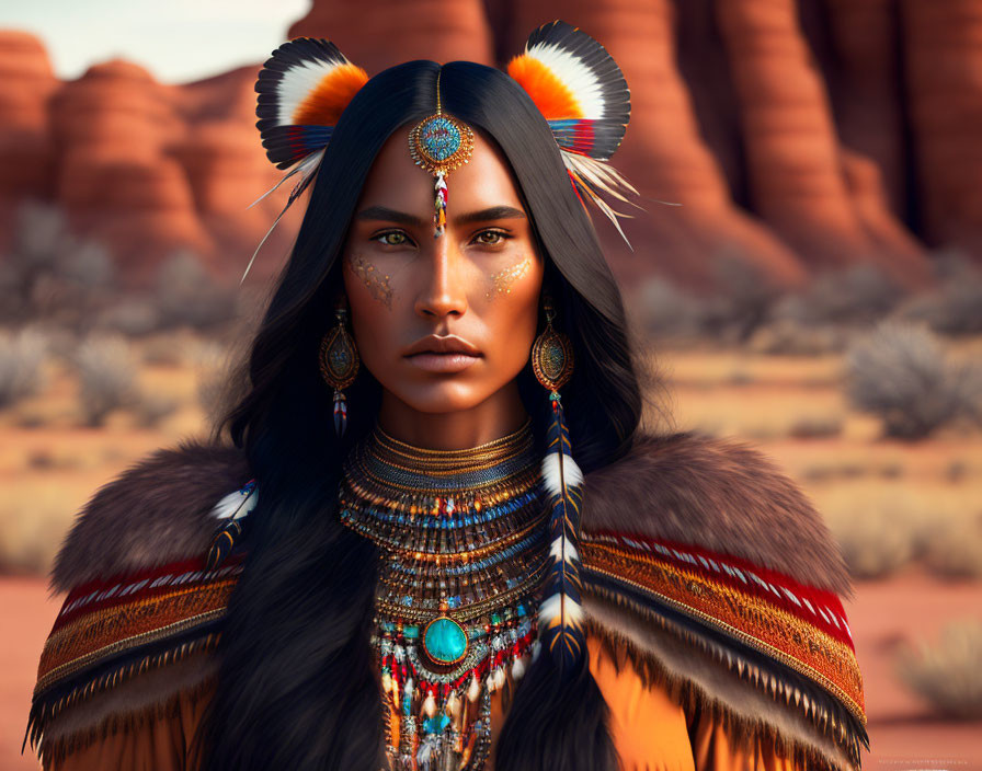Digital portrait of woman in Native American attire against desert backdrop
