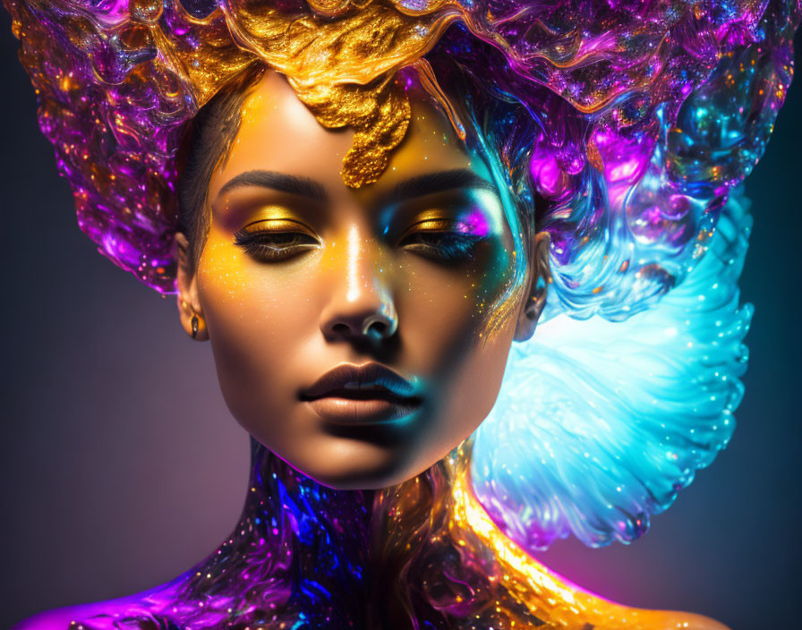 Colorful portrait of woman with gold and purple makeup and fantastical headdress.