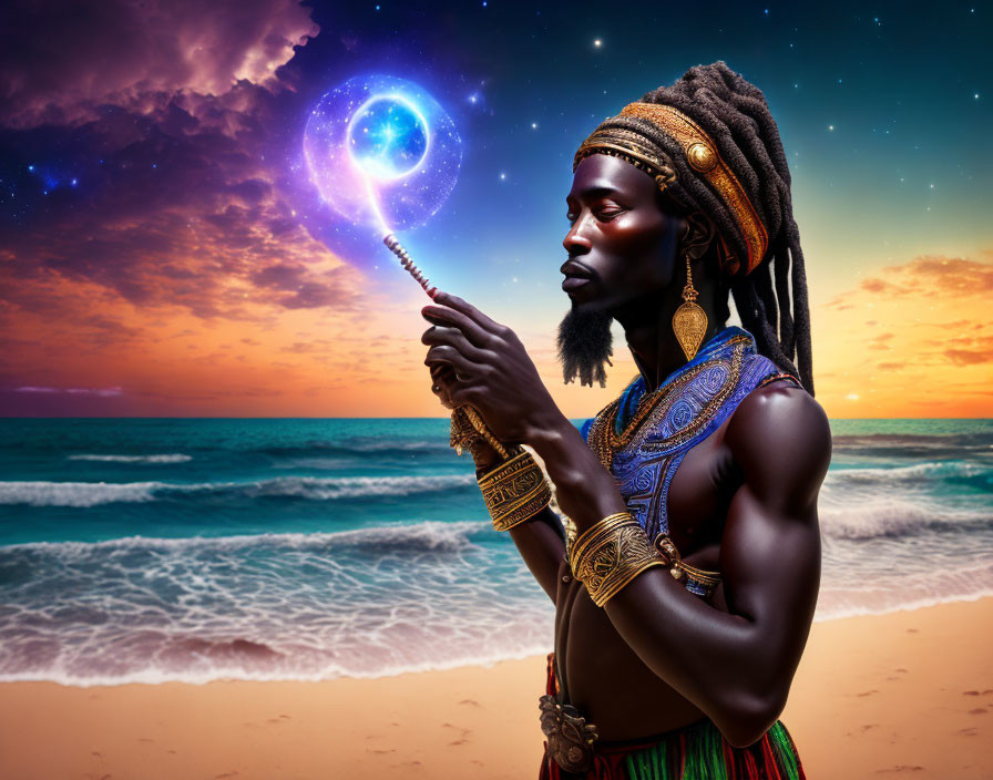 Man with dreadlocks and traditional jewelry gazing at glowing orb by starry seaside
