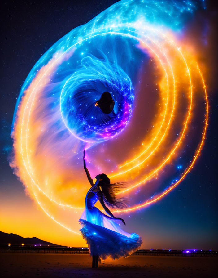 Person performing with glowing hoop creates blue and orange light trails under starry night sky