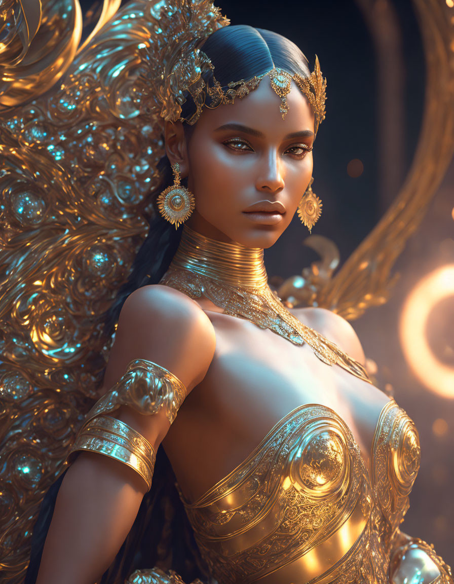 Woman adorned in golden jewelry against ornate golden backdrop