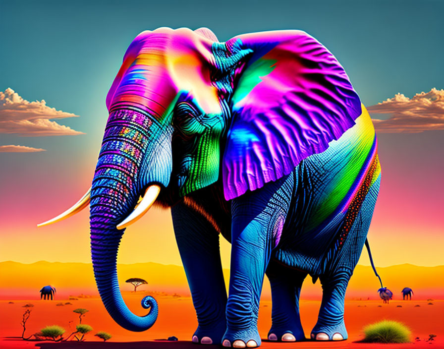 Colorful Elephant Artwork Against Sunset Background