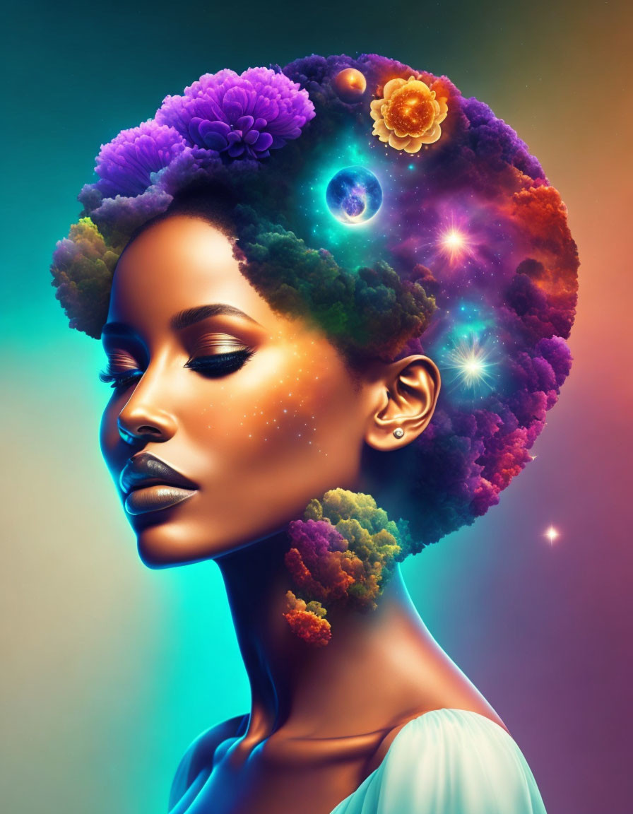 Cosmic-themed digital art of woman with afro and vibrant flowers