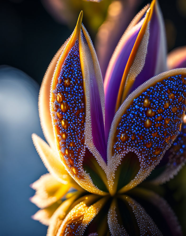 Purple and Yellow Flower Petals with Dewdrops in Soft Backlit Light