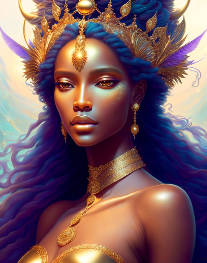 Mystical woman with blue skin and ornate headdress & jewelry