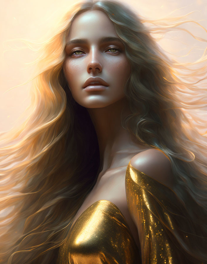 Ethereal woman with blond hair and blue eyes in golden garment