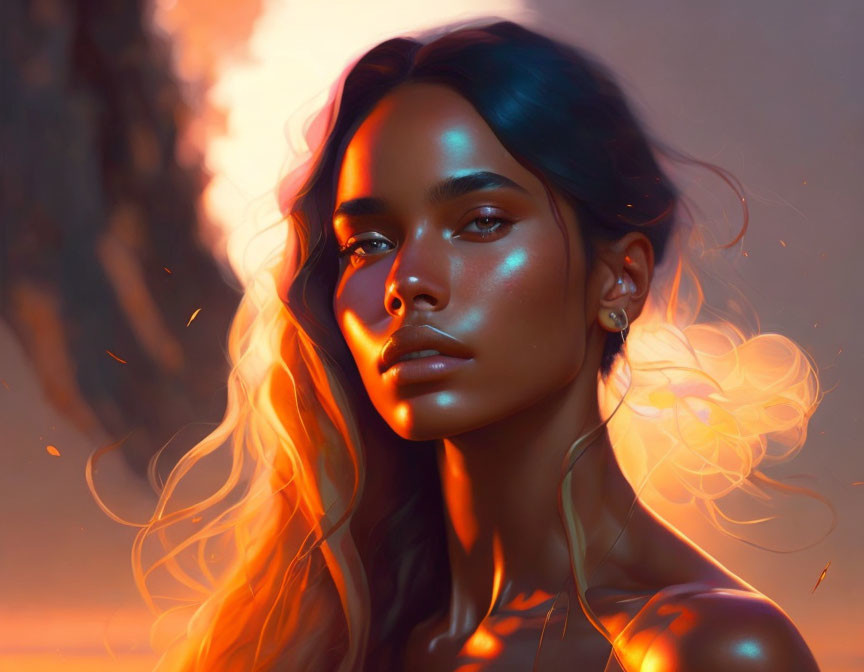 Digital Artwork: Woman with Glowing Skin and Sunset Reflections