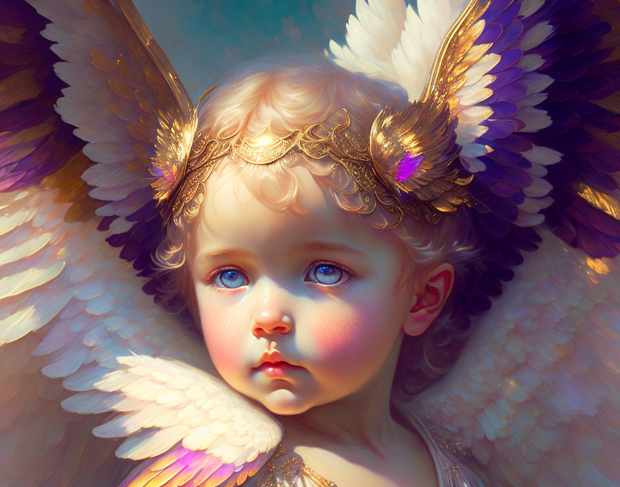 Cherubic child with blue eyes and golden curls in ornate winged headpiece