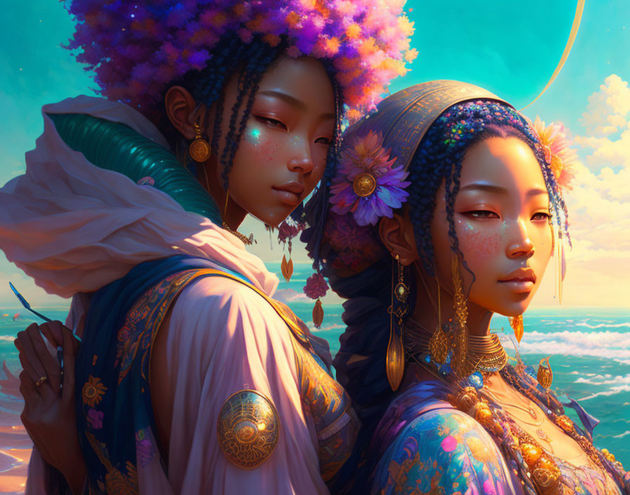 Stylized women with ornate jewelry and floral hair adornments against pastel sky and ocean