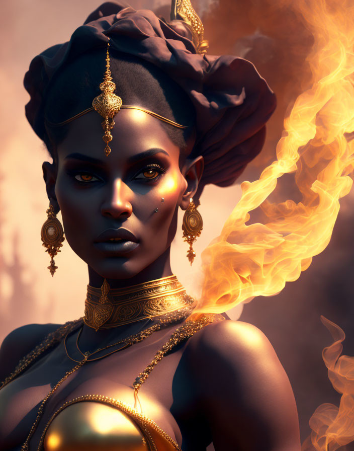 Regal woman with golden jewelry and headscarf in front of flames