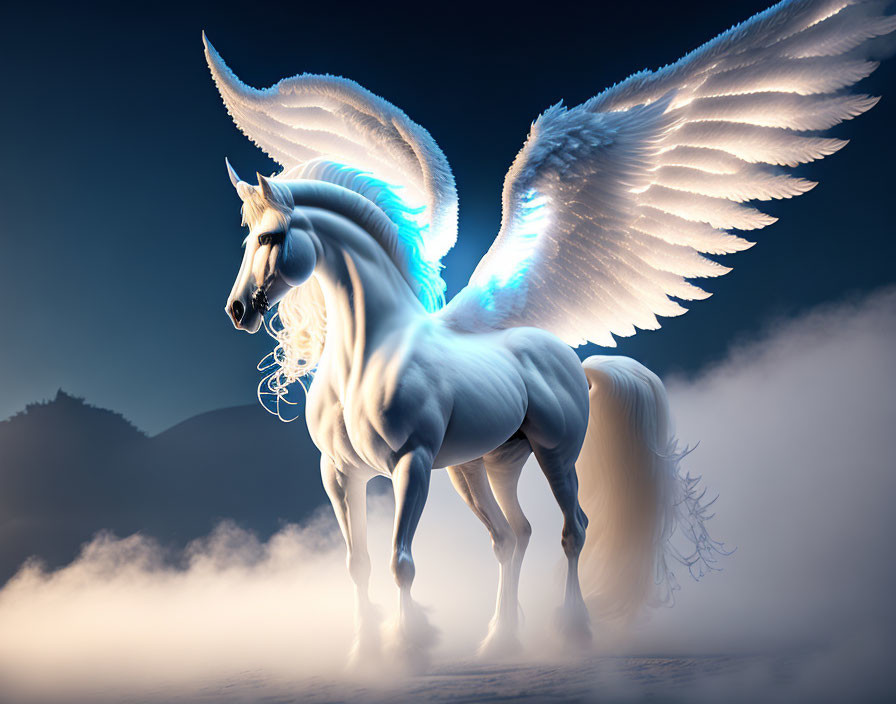 Majestic white winged horse in misty twilight landscape