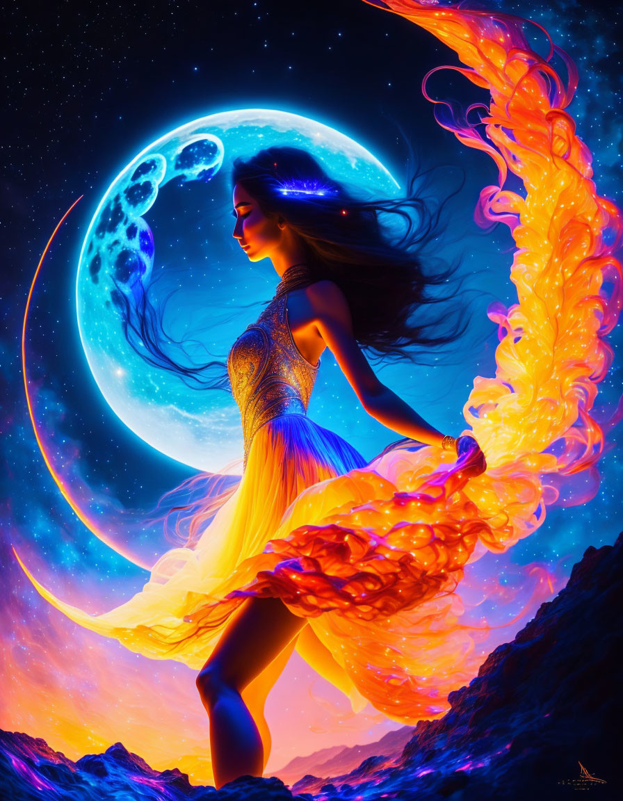 Woman in flowing dress against cosmic backdrop with crescent moon and fiery celestial elements.