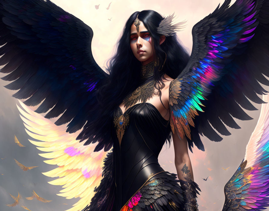 Female Figure with Colorful Angelic Wings and Golden Accents