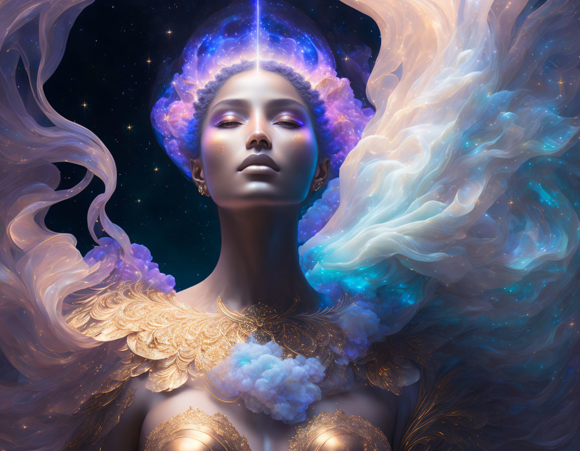 Digital artwork of woman with cosmic motifs and golden collar