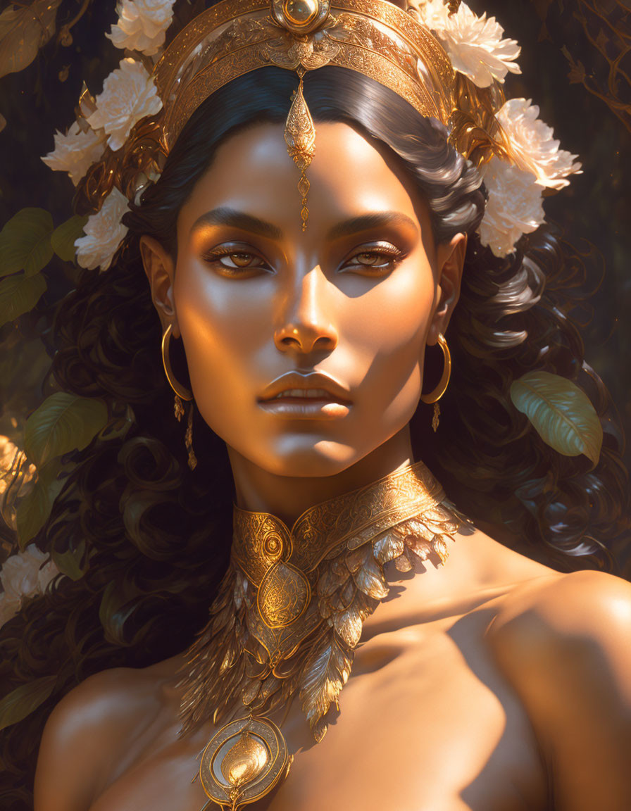 Regal woman portrait with golden jewelry and floral headdress