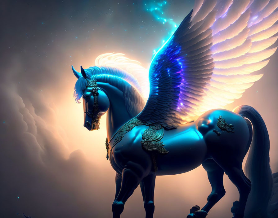 Majestic Winged Horse with Blue Mane in Starry Sky