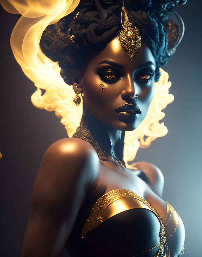 Digital artwork: Majestic female figure with golden jewelry, fiery crown-like hairstyle, dark skin on dark