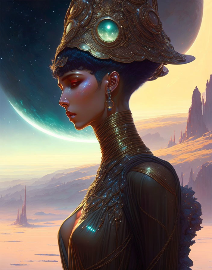 Blue-skinned woman in ornate armor against desert landscape with planet horizon