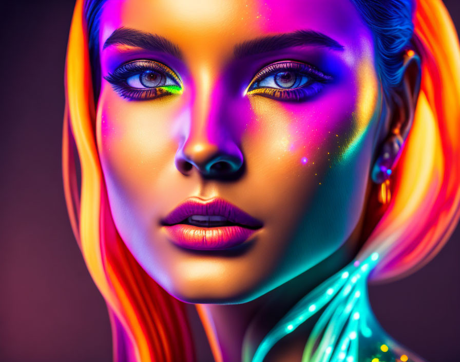 Vibrant neon makeup on woman with colorful lights