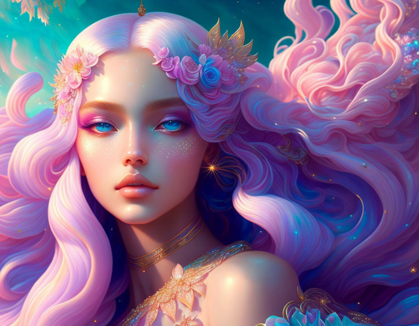 Fantasy illustration of female with long wavy pink hair, adorned with flowers and gold jewelry, against