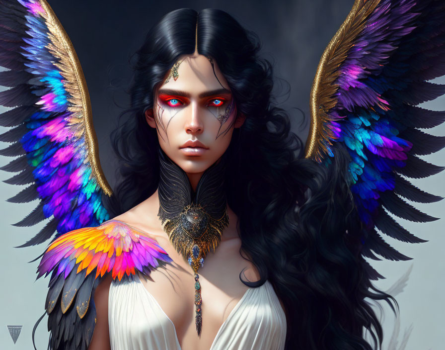 Digital art portrait of a woman with dark hair, red eyes, and multicolored wings.