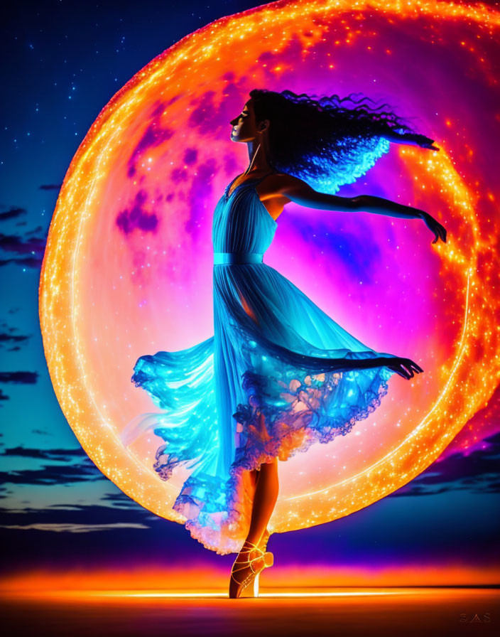 Woman in flowing blue dress dances with celestial orb against cosmic backdrop