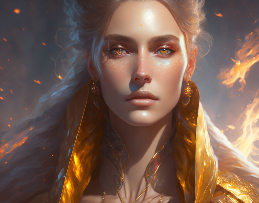 Digital artwork of woman with golden hair and eyes, adorned in gold jewelry, surrounded by flames