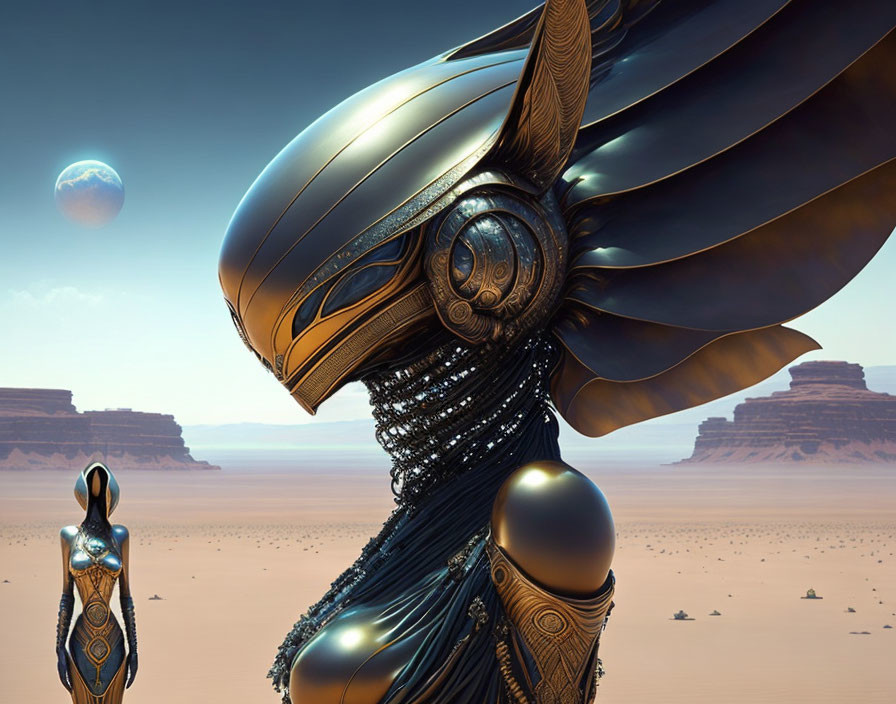 Futuristic robotic figures in desert landscape with planet in sky