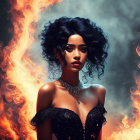 Digital artwork featuring woman with curly hair in black outfit engulfed by flames