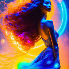 Vibrant digital artwork: Woman with fiery red hair in blue dress against nebula background