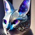 Ornate cat's head digital art with cosmic design and jeweled patterns