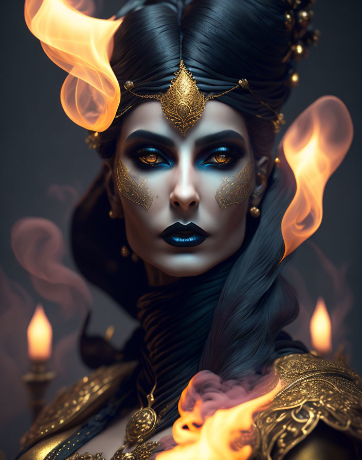 Digital portrait of woman with stylized makeup and golden headdress surrounded by flames.