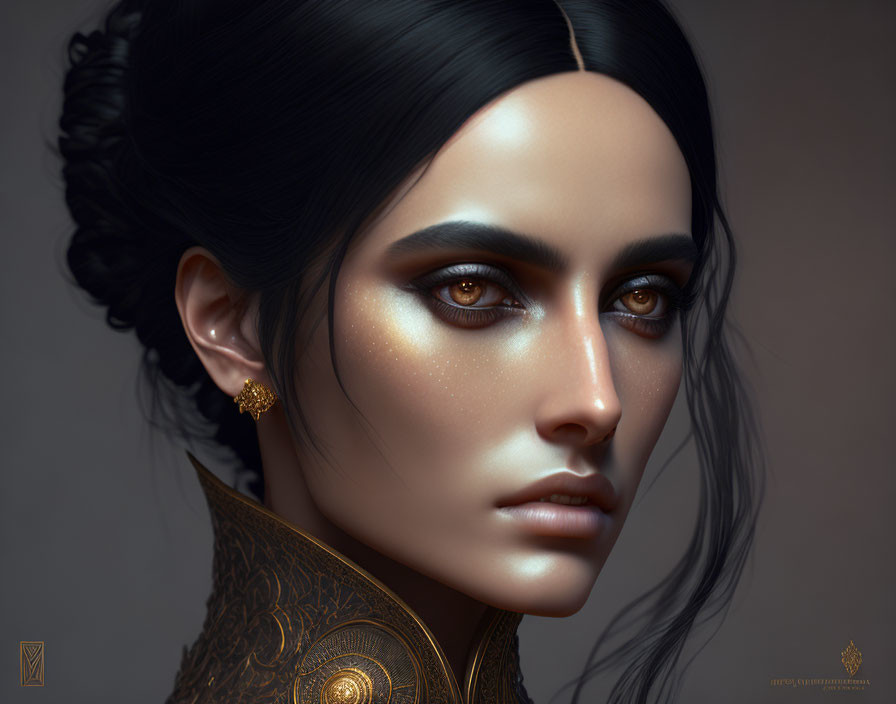 Woman with Dark Hair in Updo and Golden Makeup Portrait