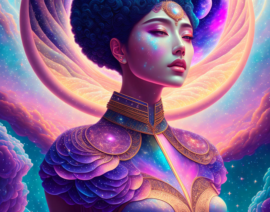 Colorful digital portrait of woman with galaxy makeup and armor in cosmic setting.