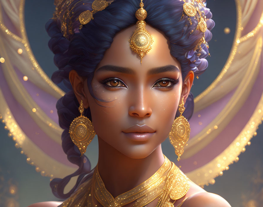 Digital artwork: Woman with blue hair and gold jewelry, emitting regal and mystical vibes