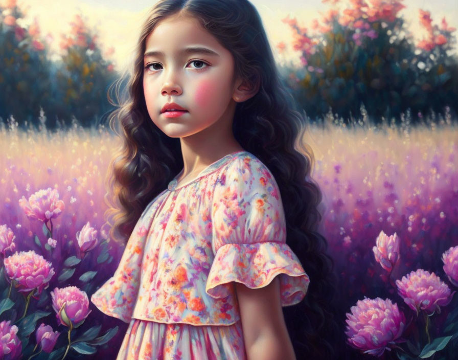 Young girl with long wavy hair in dreamy pink and purple flower field.
