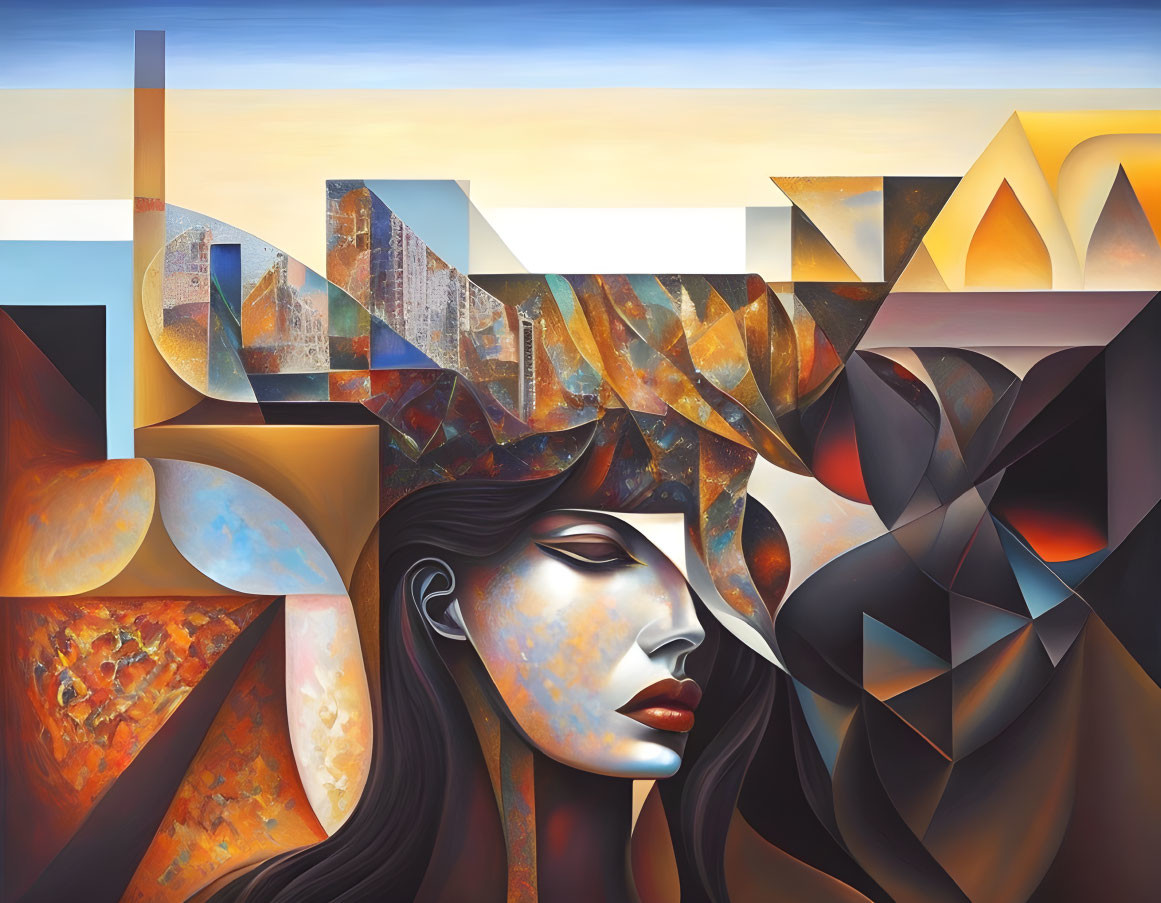 Cubist painting featuring serene female figure and geometric shapes in warm tones