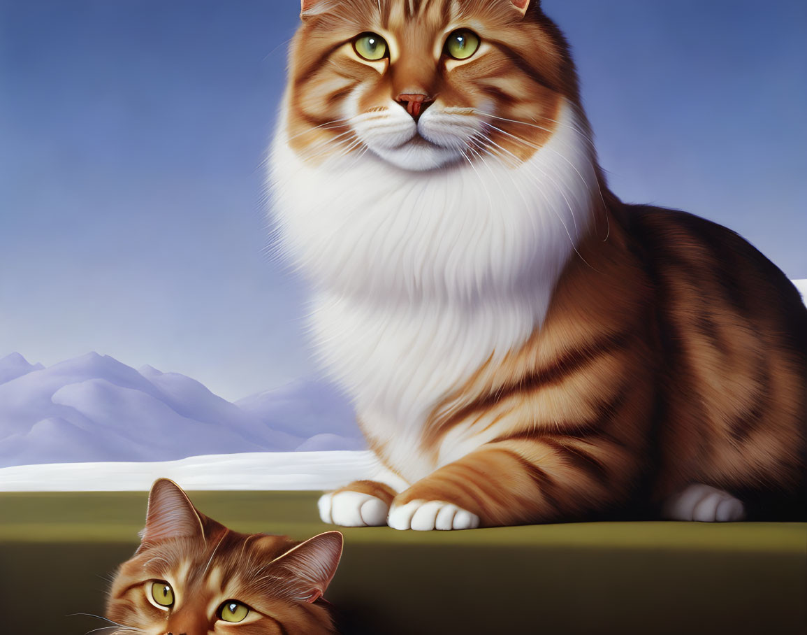 Two Orange and White Cats with Striking Fur Patterns Against Mountainous Backdrop