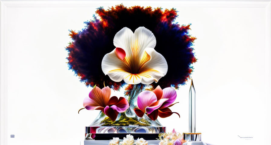 Colorful Fractal Flower Burst in Metallic Vase Artwork