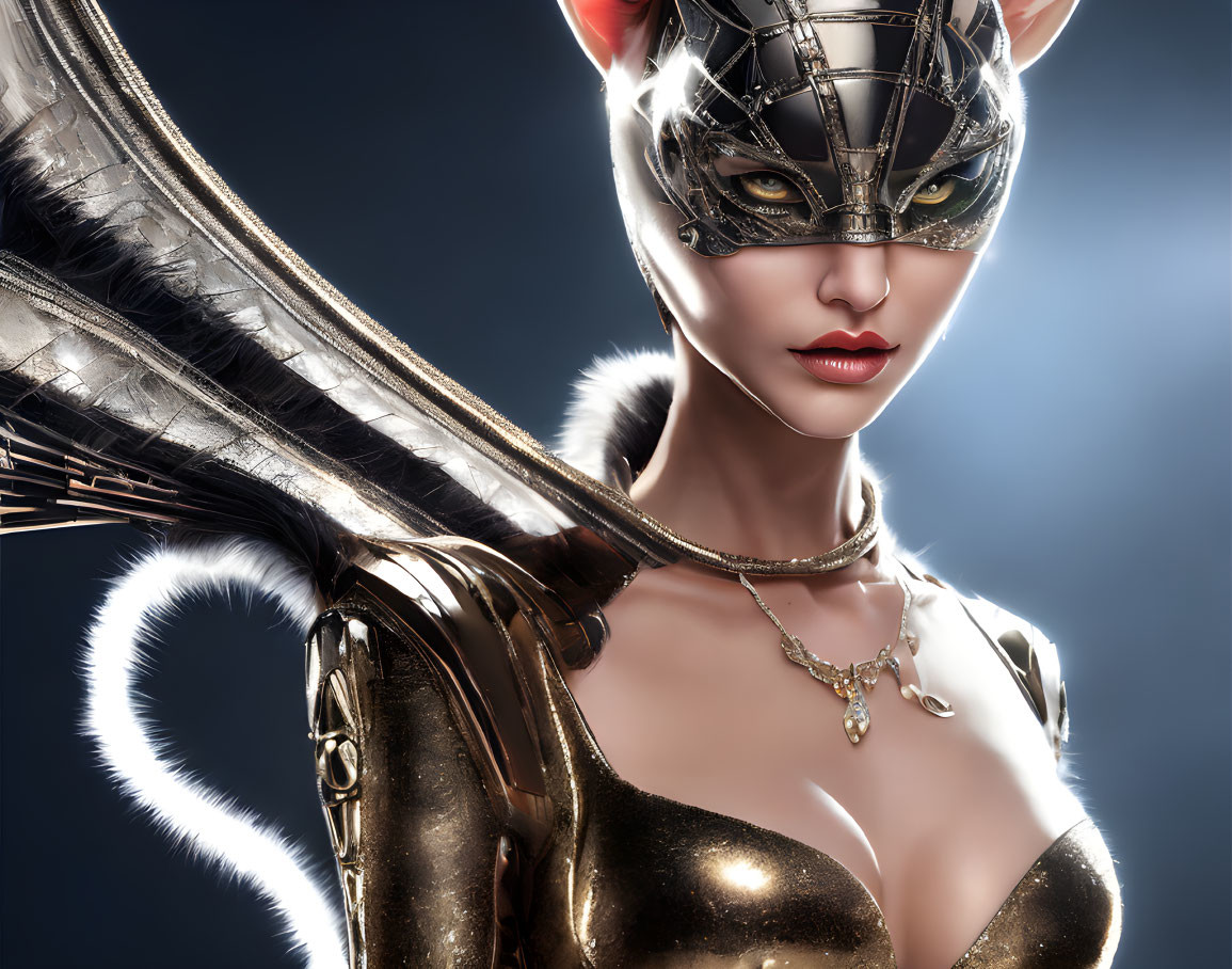 Stylish woman in cat-themed costume with metallic accents and wing embellishments
