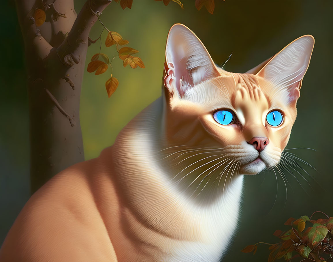 Vibrant orange cat with blue eyes in nature setting