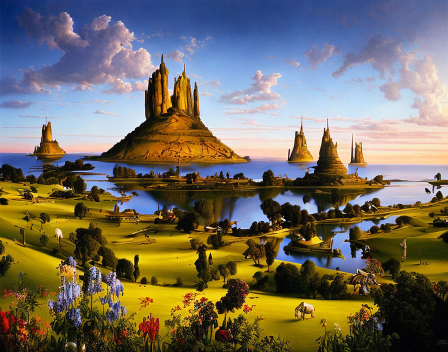 Fantastical landscape with rock formations, lakes, fields, and animals