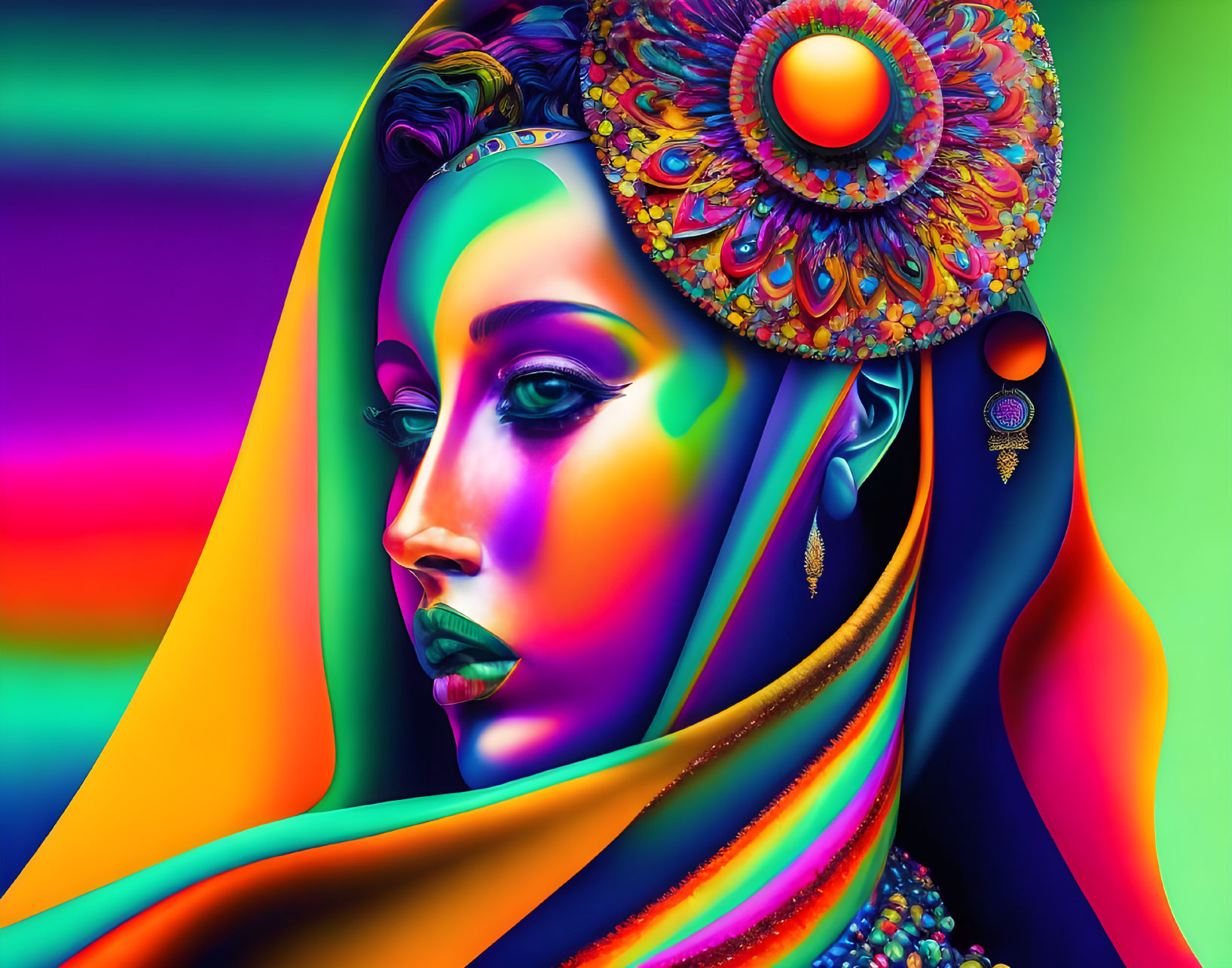Colorful makeup and headdress on woman in vibrant digital art